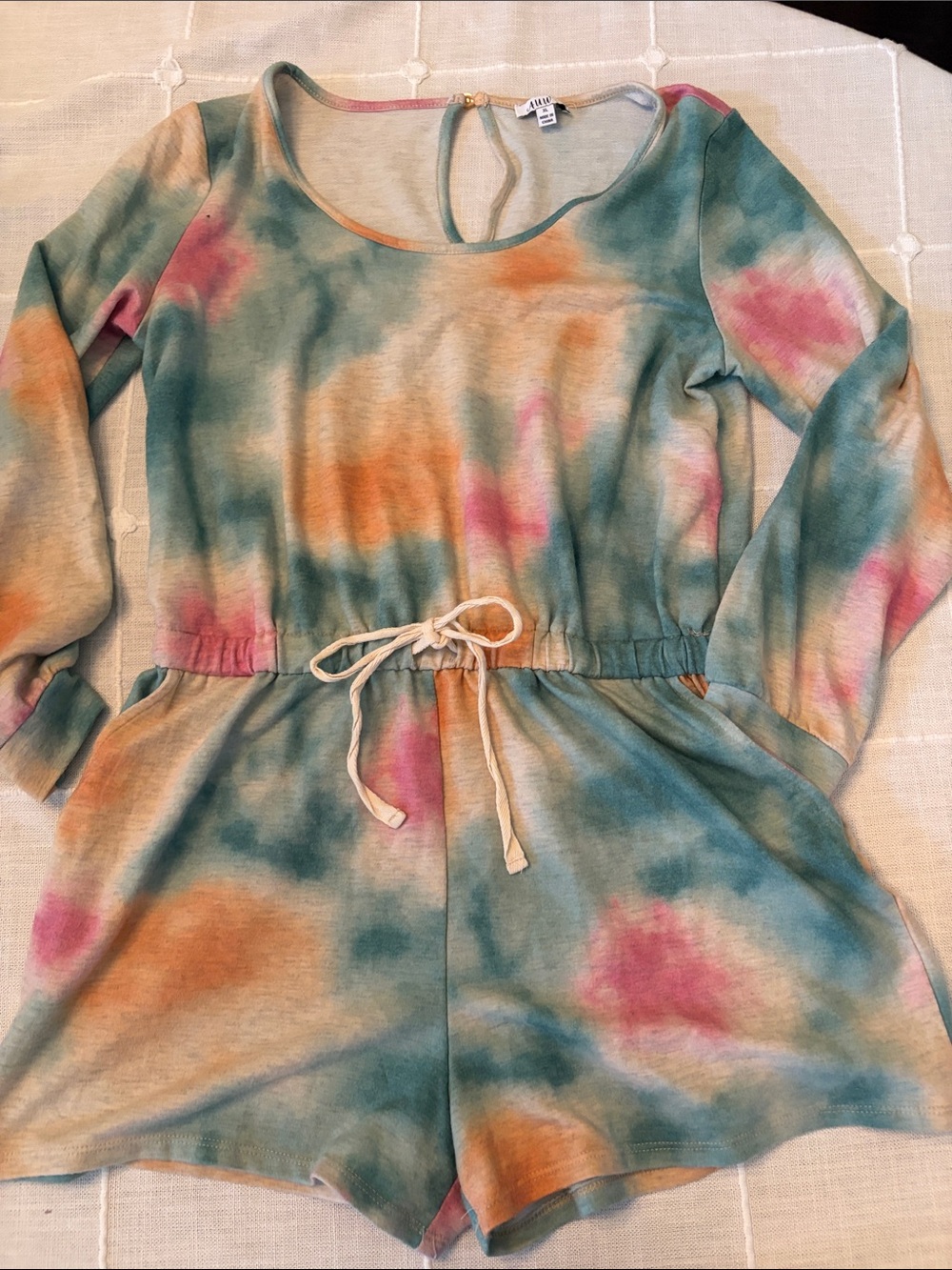 AUW Multicolor Tie-Dye romper in Teal, Peach & Pink